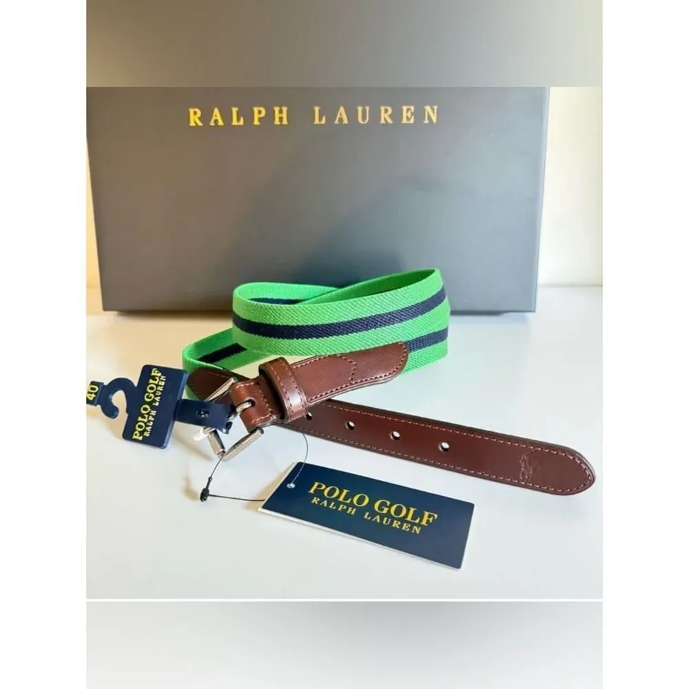 Polo Ralph Lauren Polo Golf Men’s Belt Green Navy Stripe Elastic Leather 40 NWT